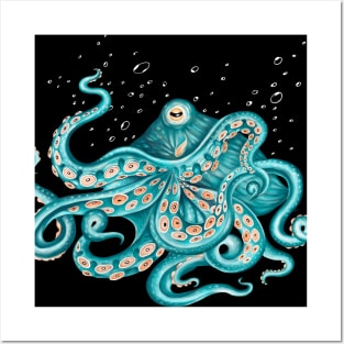 Teal Green Octopus and the Bubbles Posters and Art